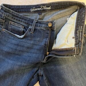 Cropped jeans size 10/30 distress on knees gently worn dark faded wash